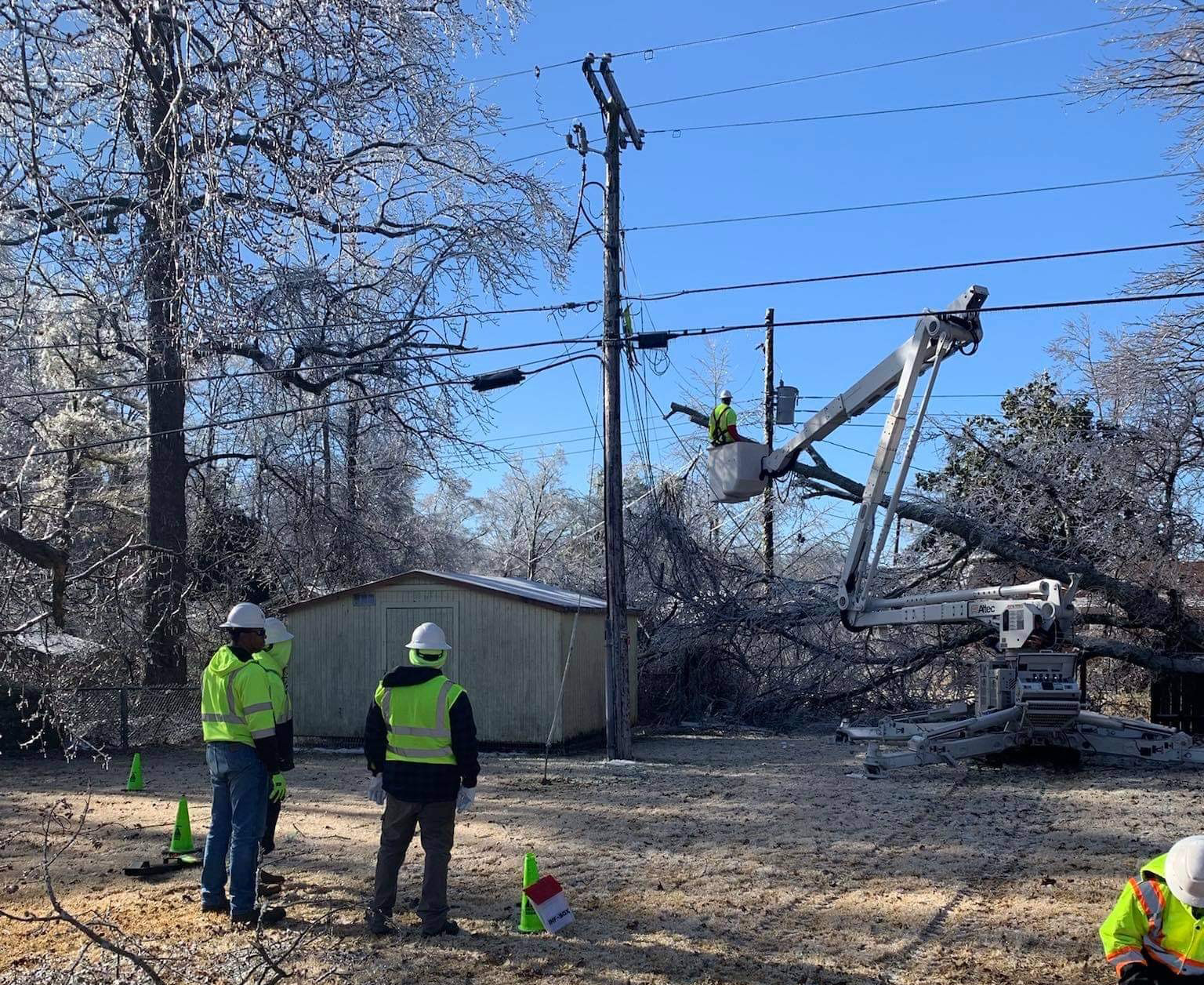 Crews continue to get the power on to Helena and Stuttgart areas today. This is a scene in Helena.